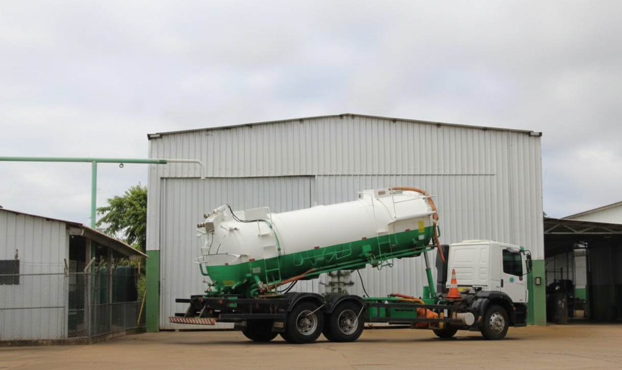 Caminhão realizando manuseio de resíduos